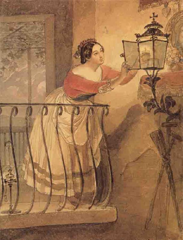 Karl Briullov An Italian Woman Lighting a lamp bfore the Image of the Madonna oil painting image